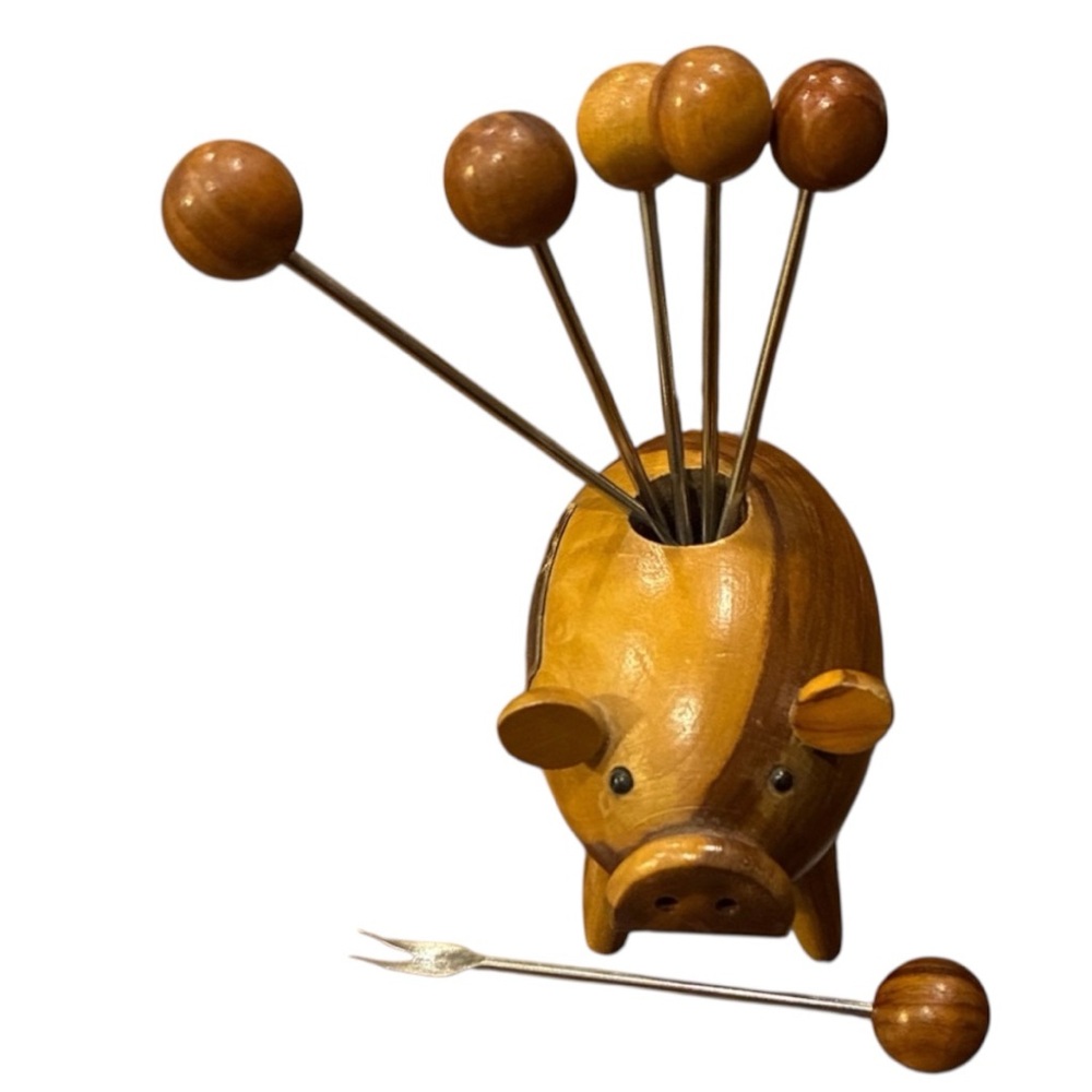 Oliv-Art Wooden Pig Toothpick Holder with 3” Cocktail Forks 6 Forks Olive Wood